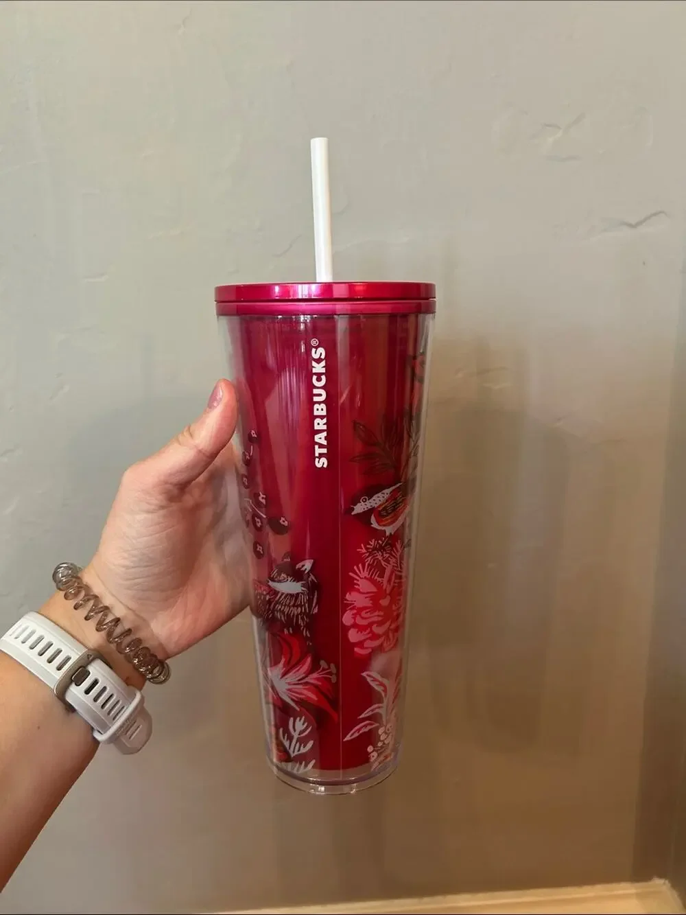 Starbucks Red Floral Bird Tumbler with White Straw